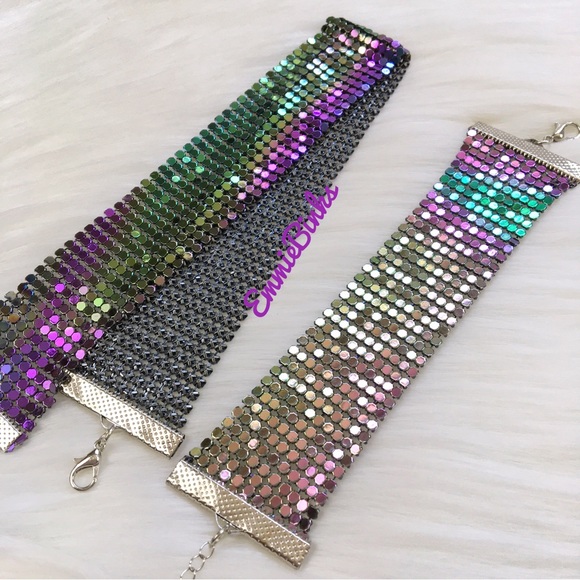 ✨3for$38 New 2 Piece Oil Slick Holographic Metallic Mesh Choker & Bracelet Set - Picture 3 of 15